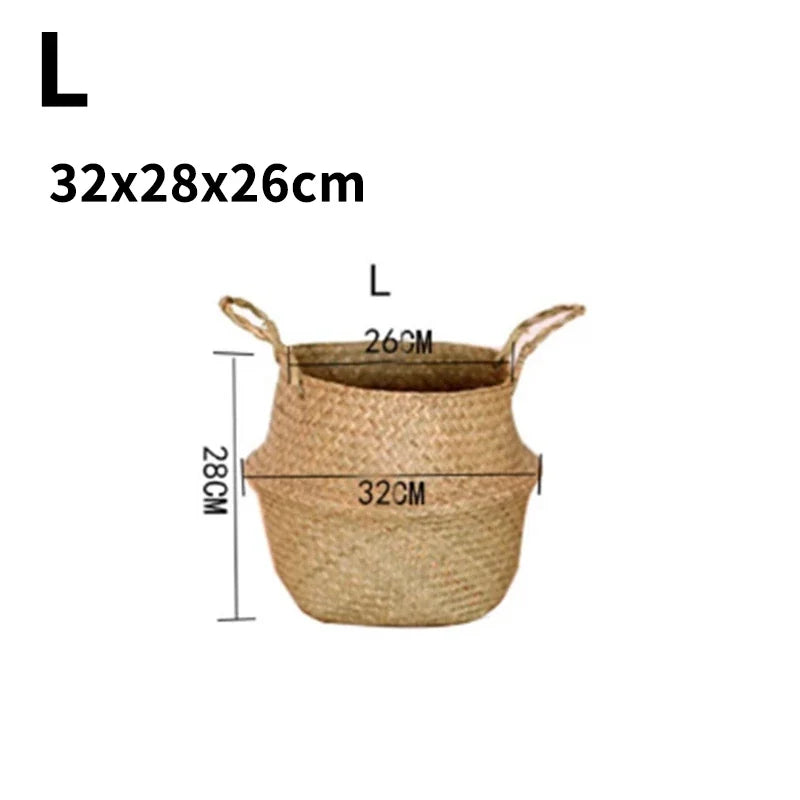 Rattan Seagrass Storage Basket Foldable Woven Hamper Handmade Plant Pot Bin Boho Decor Organizer for Bedroom Kitchen or Garden