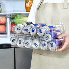 A Clear Plastic Refrigerator Organizer with Soda Water Dispenser And Beverage Rack - Designed for Fridges, Freezers, Pantries, Kitchens, Countertops, And Cabinets - Perfect Kitchen Accessory.