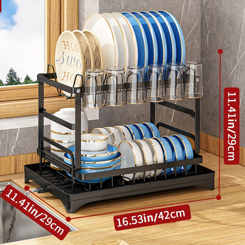 1pc Large Capacity 2-Tier Dish Drying Rack with Drainboard, Double-Layer Bowl & Cup Rack, Detachable Over The Sink Organizer for Kitchen Counter, Black & White - Ideal for Plates, Bowls, Cups & Cutlery Storage, Dish Drying Ra