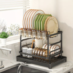 1pc Large Capacity 2-Tier Dish Drying Rack with Drainboard, Double-Layer Bowl & Cup Rack, Detachable Over The Sink Organizer for Kitchen Counter, Black & White - Ideal for Plates, Bowls, Cups & Cutlery Storage, Dish Drying Ra