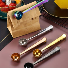 Stainless Steel 1pc Measuring Spoon - 2 In 1 Coffee Scoops With Bag Clip, Multifunctional Milk Powder Scoop With Sealing Clip, Kitchen Accessories