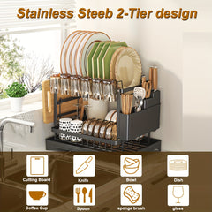 1pc Large Capacity 2-Tier Dish Drying Rack with Drainboard, Double-Layer Bowl & Cup Rack, Detachable Over The Sink Organizer for Kitchen Counter, Black & White - Ideal for Plates, Bowls, Cups & Cutlery Storage, Dish Drying Ra