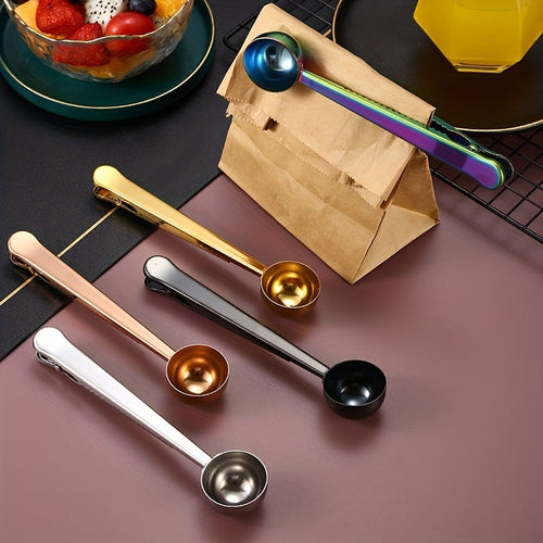 Stainless Steel 1pc Measuring Spoon - 2 In 1 Coffee Scoops With Bag Clip, Multifunctional Milk Powder Scoop With Sealing Clip, Kitchen Accessories