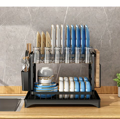 1pc Large Capacity 2-Tier Dish Drying Rack with Drainboard, Double-Layer Bowl & Cup Rack, Detachable Over The Sink Organizer for Kitchen Counter, Black & White - Ideal for Plates, Bowls, Cups & Cutlery Storage, Dish Drying Ra