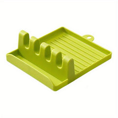 1pc White/Green Multi-Functional Kitchen Utensil Holder - 4 Slots for Spatulas, Soup Spoons, Chopsticks & Pot Lids, Easy-Clean Smooth Plastic with Hanging Holes, Raised Edge for Spill Prevention, Kitchen Utensil Organizer | V