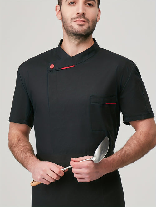 Men'S Short Sleeve Chef Uniform - High-End, Breathable Kitchen and Restaurant Attire with a Stylish Black Design, Short Sleeves, and Button Details. Perfect for Holiday Parties, Restaurant Uniforms, and Professional Settings,