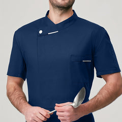 Men'S Short Sleeve Chef Uniform - High-End, Breathable Kitchen and Restaurant Attire with a Stylish Black Design, Short Sleeves, and Button Details. Perfect for Holiday Parties, Restaurant Uniforms, and Professional Settings,