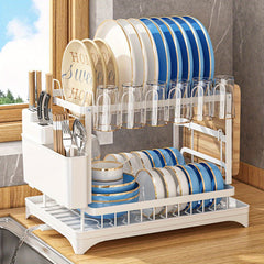 1pc Large Capacity 2-Tier Dish Drying Rack with Drainboard, Double-Layer Bowl & Cup Rack, Detachable Over The Sink Organizer for Kitchen Counter, Black & White - Ideal for Plates, Bowls, Cups & Cutlery Storage, Dish Drying Ra
