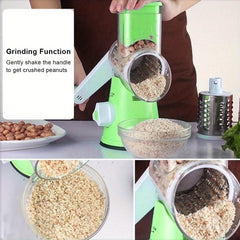 Rotary Cheese Grater and Vegetable Slicer - Kitchen Mandoline with 3 Interchangeable Blades, Easy-to-Clean for Fruits, Potatoes, Carrots, Nuts