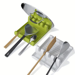 1pc White/Green Multi-Functional Kitchen Utensil Holder - 4 Slots for Spatulas, Soup Spoons, Chopsticks & Pot Lids, Easy-Clean Smooth Plastic with Hanging Holes, Raised Edge for Spill Prevention, Kitchen Utensil Organizer | V