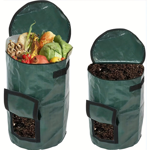 34 Gallons Large Capacity Dark Green Reusable Outdoor Compost Box - Self-Made Nutrient Soil Compost Bag with Two-Way Zipper, Fertilizer Port, and Durable PE Material for Kitchen Waste Collection