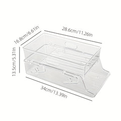 A Clear Plastic Refrigerator Organizer with Soda Water Dispenser And Beverage Rack - Designed for Fridges, Freezers, Pantries, Kitchens, Countertops, And Cabinets - Perfect Kitchen Accessory.