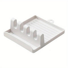 1pc White/Green Multi-Functional Kitchen Utensil Holder - 4 Slots for Spatulas, Soup Spoons, Chopsticks & Pot Lids, Easy-Clean Smooth Plastic with Hanging Holes, Raised Edge for Spill Prevention, Kitchen Utensil Organizer | V