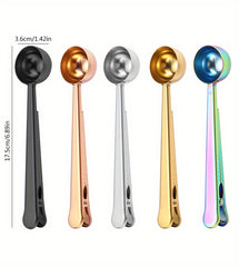 Stainless Steel 1pc Measuring Spoon - 2 In 1 Coffee Scoops With Bag Clip, Multifunctional Milk Powder Scoop With Sealing Clip, Kitchen Accessories