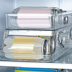 A Clear Plastic Refrigerator Organizer with Soda Water Dispenser And Beverage Rack - Designed for Fridges, Freezers, Pantries, Kitchens, Countertops, And Cabinets - Perfect Kitchen Accessory.