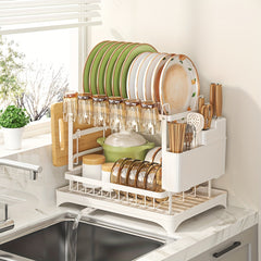 1pc Large Capacity 2-Tier Dish Drying Rack with Drainboard, Double-Layer Bowl & Cup Rack, Detachable Over The Sink Organizer for Kitchen Counter, Black & White - Ideal for Plates, Bowls, Cups & Cutlery Storage, Dish Drying Ra