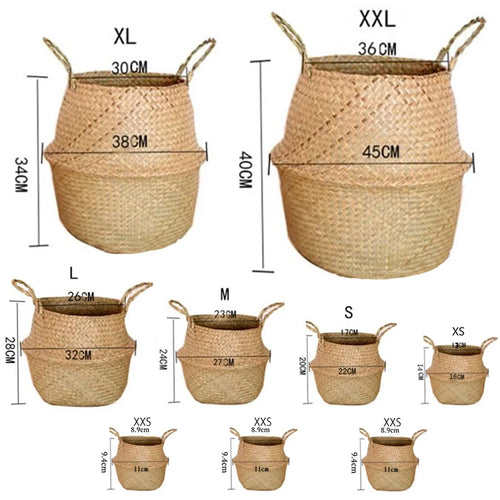 Rattan Seagrass Storage Basket Foldable Woven Hamper Handmade Plant Pot Bin Boho Decor Organizer for Bedroom Kitchen or Garden
