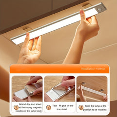 [LED Motion Sensor Light] KATHYLIGHT 1pc LED Motion Sensor Cabinet Light - Brushed Metal Strip Sconce with Voice Control, Wireless Magnetic USB Rechargeable, Auto-shut-off, Detachable Fixture, Plastic Shade - for Wardrobe, Cl