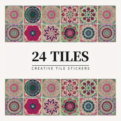 24pcs Vintage Flower Tile Stickers - Hanging Decorative Tiles for Bathroom, Kitchen, Room, Home Decoration - Self-Adhesive, Waterproof, Removable, Oil-Proof, Easy to Clean, 15cm/5.9inch