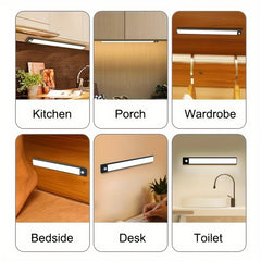 [LED Motion Sensor Light] KATHYLIGHT 1pc LED Motion Sensor Cabinet Light - Brushed Metal Strip Sconce with Voice Control, Wireless Magnetic USB Rechargeable, Auto-shut-off, Detachable Fixture, Plastic Shade - for Wardrobe, Cl