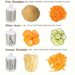 Rotary Cheese Grater and Vegetable Slicer - Kitchen Mandoline with 3 Interchangeable Blades, Easy-to-Clean for Fruits, Potatoes, Carrots, Nuts
