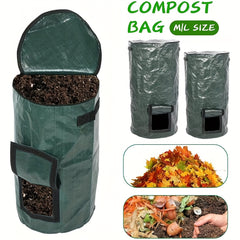 34 Gallons Large Capacity Dark Green Reusable Outdoor Compost Box - Self-Made Nutrient Soil Compost Bag with Two-Way Zipper, Fertilizer Port, and Durable PE Material for Kitchen Waste Collection