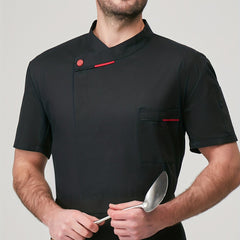 Men'S Short Sleeve Chef Uniform - High-End, Breathable Kitchen and Restaurant Attire with a Stylish Black Design, Short Sleeves, and Button Details. Perfect for Holiday Parties, Restaurant Uniforms, and Professional Settings,