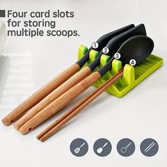 1pc White/Green Multi-Functional Kitchen Utensil Holder - 4 Slots for Spatulas, Soup Spoons, Chopsticks & Pot Lids, Easy-Clean Smooth Plastic with Hanging Holes, Raised Edge for Spill Prevention, Kitchen Utensil Organizer | V