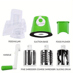Rotary Cheese Grater and Vegetable Slicer - Kitchen Mandoline with 3 Interchangeable Blades, Easy-to-Clean for Fruits, Potatoes, Carrots, Nuts