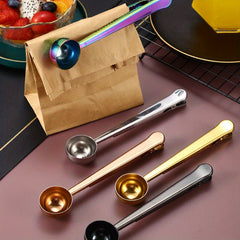 Stainless Steel 1pc Measuring Spoon - 2 In 1 Coffee Scoops With Bag Clip, Multifunctional Milk Powder Scoop With Sealing Clip, Kitchen Accessories
