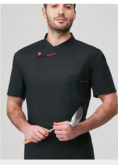 Men'S Short Sleeve Chef Uniform - High-End, Breathable Kitchen and Restaurant Attire with a Stylish Black Design, Short Sleeves, and Button Details. Perfect for Holiday Parties, Restaurant Uniforms, and Professional Settings,