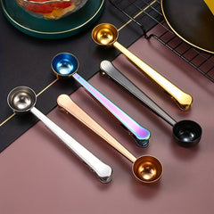Stainless Steel 1pc Measuring Spoon - 2 In 1 Coffee Scoops With Bag Clip, Multifunctional Milk Powder Scoop With Sealing Clip, Kitchen Accessories